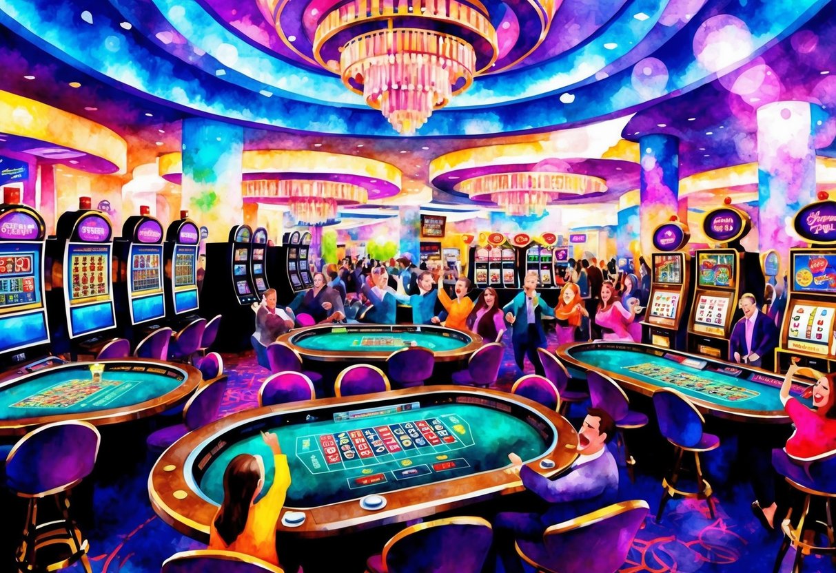 A vibrant, bustling virtual casino floor with slot machines, card tables, and roulette wheels, surrounded by excited players. Bright lights and colorful graphics create an atmosphere of fun and excitement