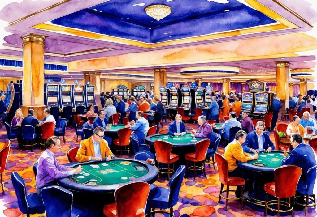 A bustling casino floor with slot machines, card tables, and a vibrant atmosphere. Patrons are seen enjoying various games while sipping on cocktails