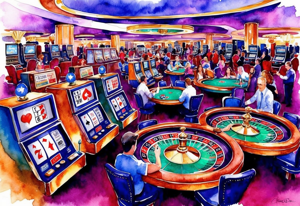 A vibrant casino landscape with virtual slot machines, poker tables, and roulette wheels surrounded by enthusiastic players