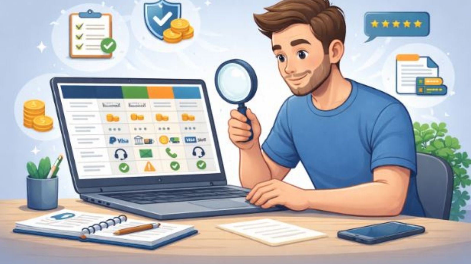 Illustration of a reviewer using a laptop to compare online casinos, holding a magnifying glass with rating, bonus, withdrawal, and safety icons around the screen.